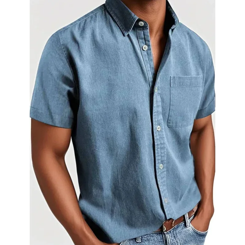 Men's Short Sleeve Shirt Cotton Fiber Blend Top With Breast Pocket Retro Solid Color Men's Clothing Big Size S-5XL D0306
