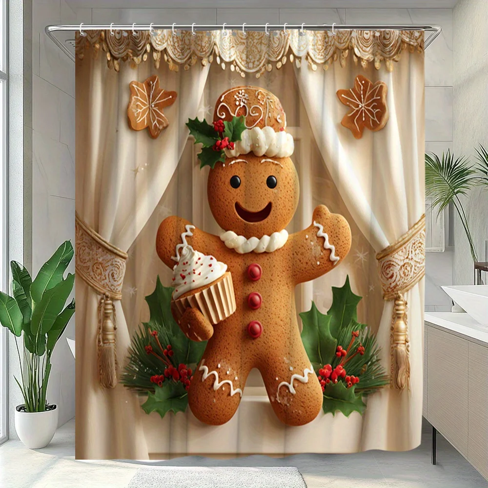 1pc Gingerbread Cookie Shower Curtain -Themed Bathrooms - Beige & Golden Gingerbread, Cupcake & Holly Design with Ruffled Edges