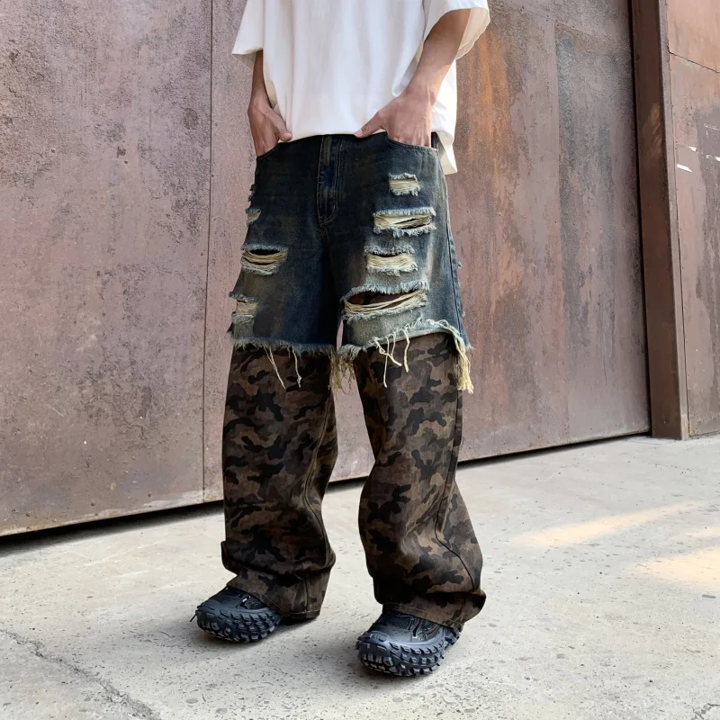 Streetwear high-end tide American camouflage splicing loose straight men's jeans nostalgic blue hole men's long pants