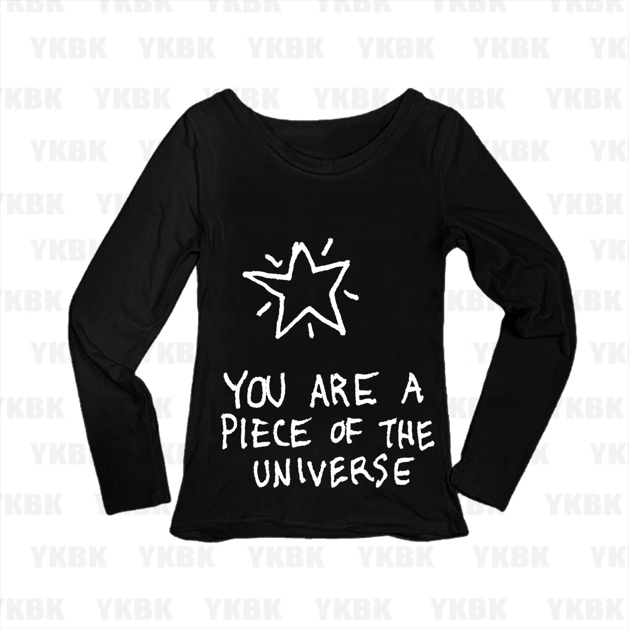 Hand Drawn Star Quote Print Women Long Sleeve Tee Aesthetic Indie Style O Neck Slim Casual Ladies T Shirt