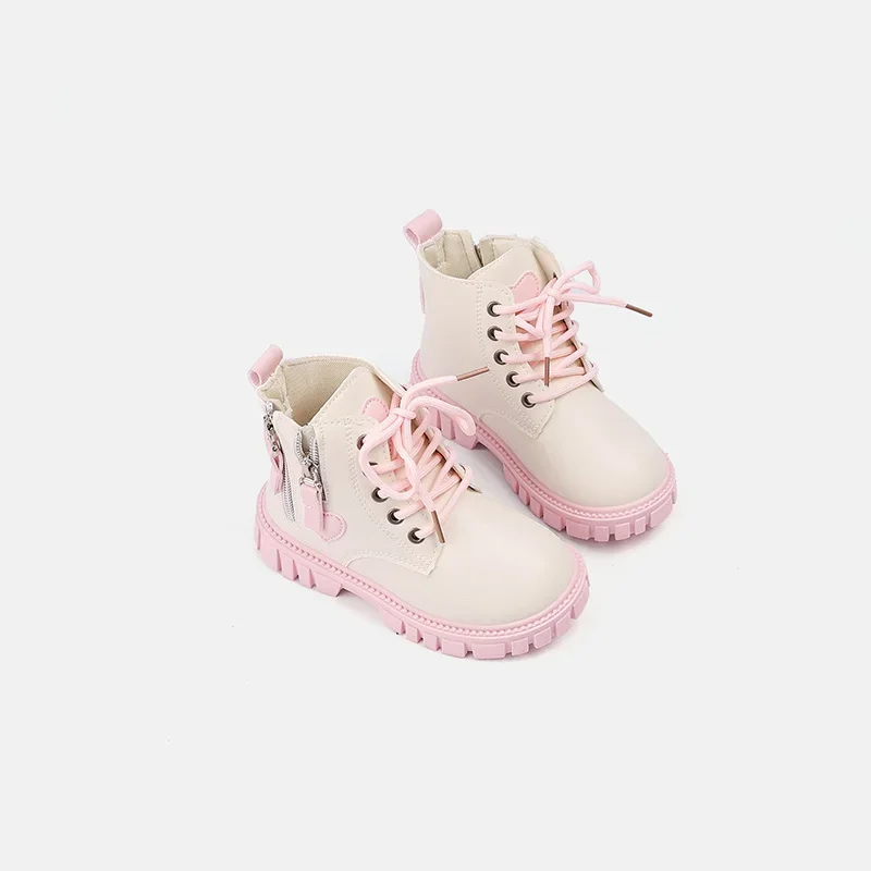 Girls Sweet Heart Patchwork Ankle Boots, PU Pink Contrast Lace‑Up Back Zipper Thick Non‑Slip Sole Cute Kids Fashion Short Boots