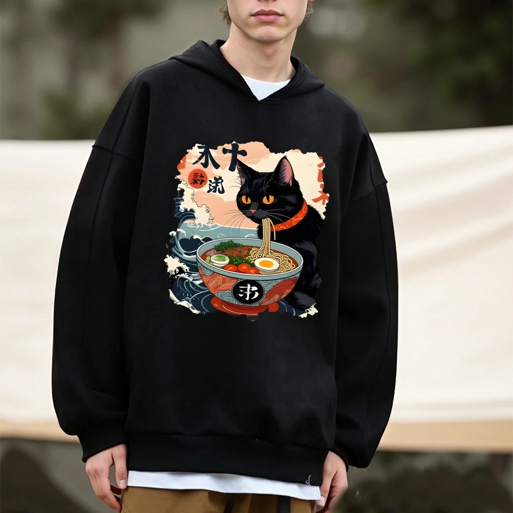Kawaii Cat Anime Ramen Japanese Funny Graphic Hoodies Kawaii Noodle Cat Man Long Sleeve Wearing For Fall Winter Casual Wearing