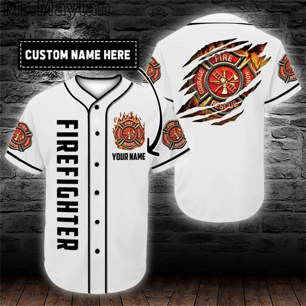 Custom Name Cosplay Costume Firefighter Baseball Tee Jersey Shirt 3D Print Firefighting Men's Shirt Casual Shirts hip hop Tops-1