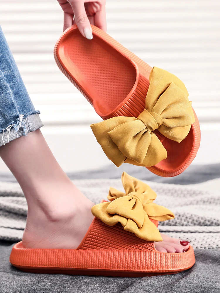 Handmade Bow Tie Slippers Summer Shoes for Women Non-Slip Thick Beach Sandals Fashion Soft Sole Eva Home Pink Slides