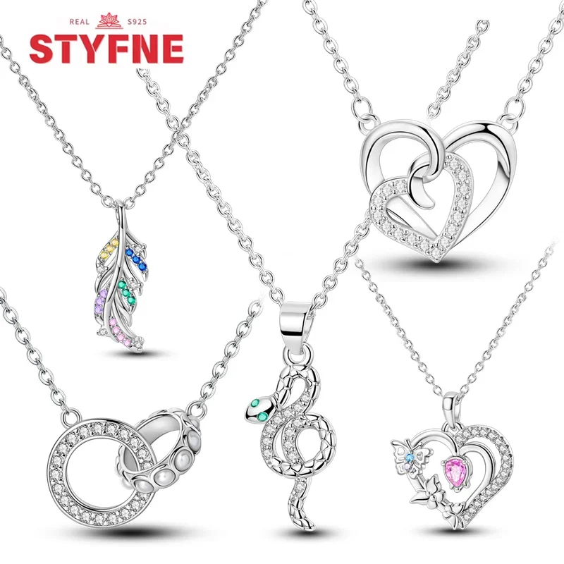 

Real S925 Silver Heart Beads Necklace Butterfly Fether Shiny Zircon Pendant Necklace for Women Fine Jewelry Gift Daily Matching