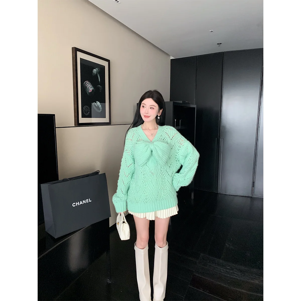 

LADIESFIRST Sweet Sle Sweater Women's Hollow Design Removable Knot Soft Mint Color Knitted Long Sve round Ne