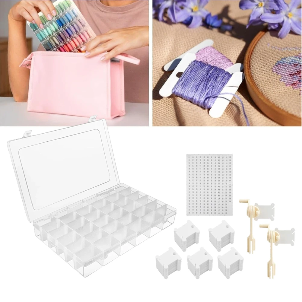 لمنظم خيط التطريز بنفسك للحرف اليدوية مع 36 حجرة و200 بكرة بالإضافة إلى 2 لفافة للغرز المتقاطعة والخياطة