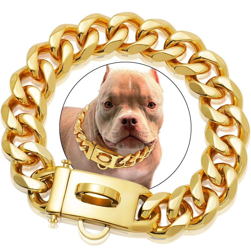 

Upgrade Heavy Duty Gold Dog Collar with Solid Buckle Stainless Steel Cuban Link Chain Luxury Metal Pets Walking Collar Choker