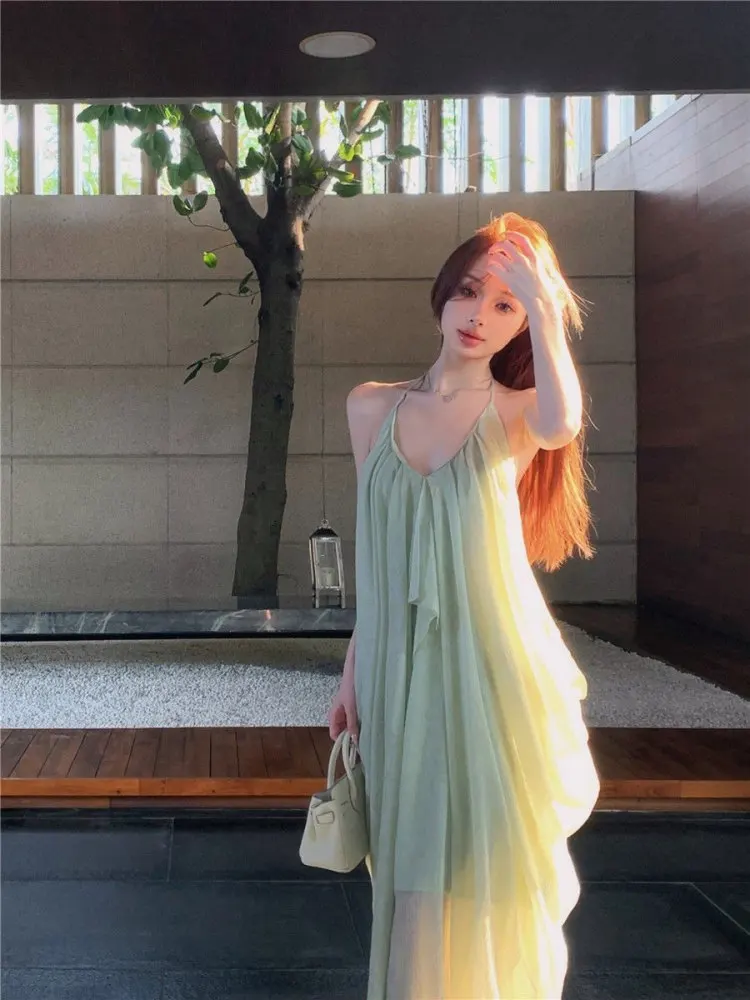 Vestido de Verano Verde para Playa, con Hombros Descubiertos, Asimétrico, con Tirantes Sueltos, Estilo Hada, Falda Larga con Corte Amplio, Sin Mangas, Cintura Alta