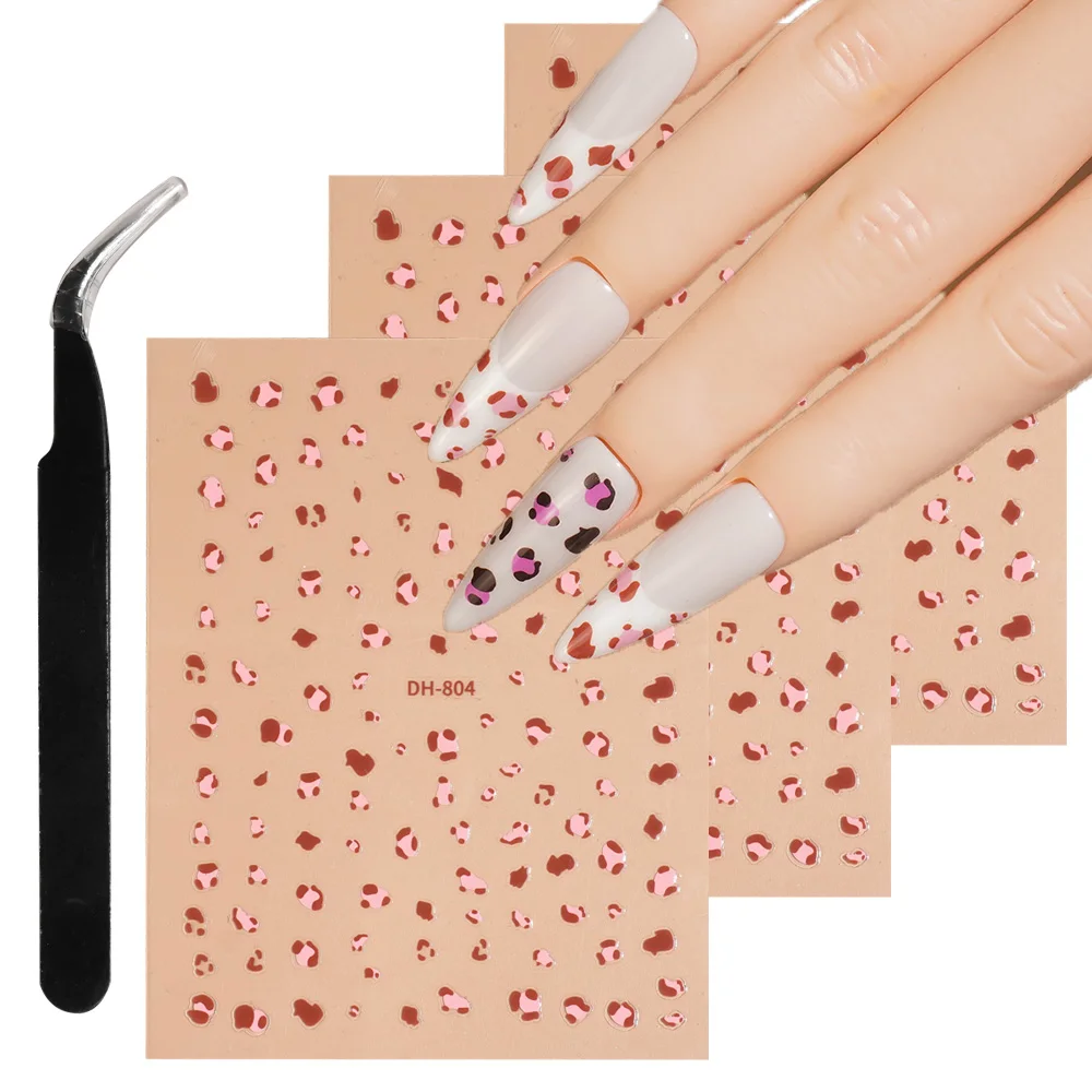 

1/5/10pcs Leopard Print Nail Stickers 3D Flat Fashion Personalized Nail Art Stickers DIY Manicure Decoration Decals with Tweezer