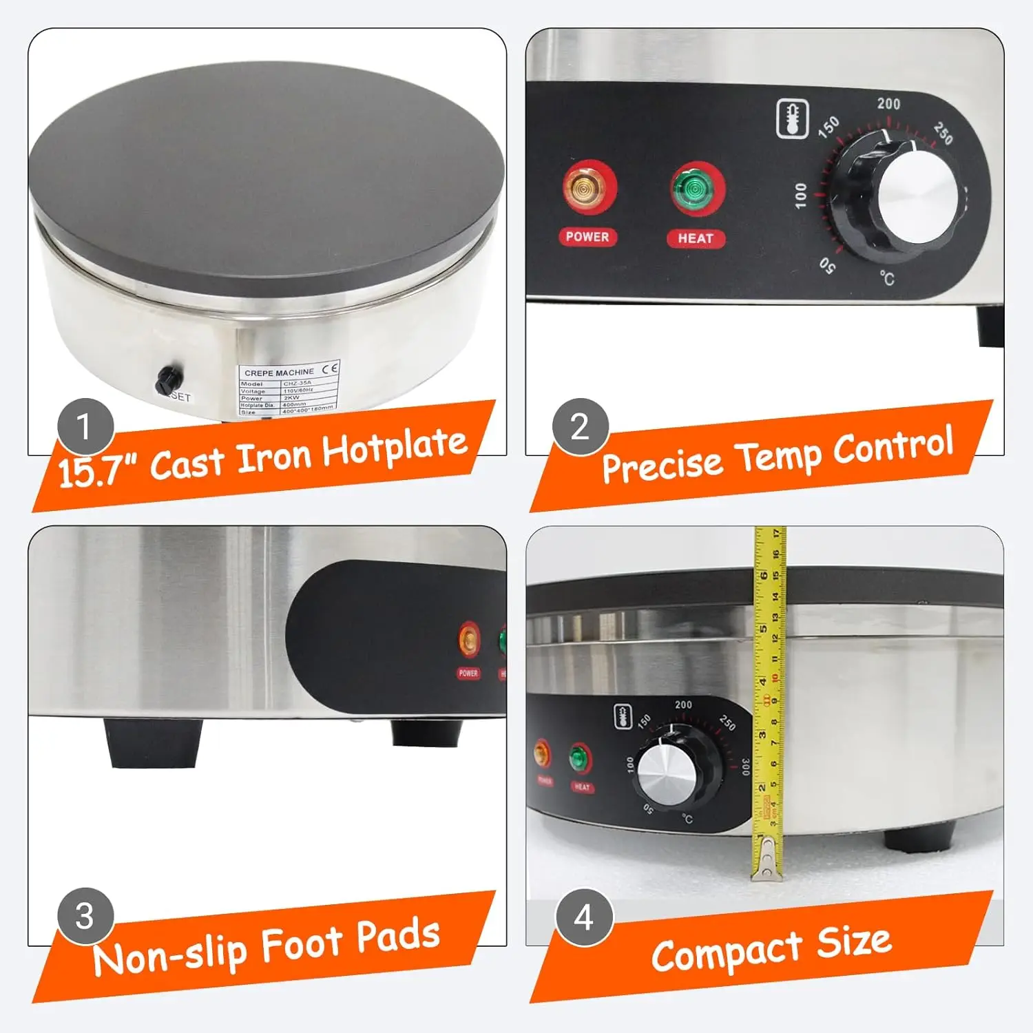 Electric Crepe Maker 16" Non-Stick Pancake Making Machine 110V 2.68HP Flat Plate Crepe Griddle50-300℃ Hot Plate Pancake Machine