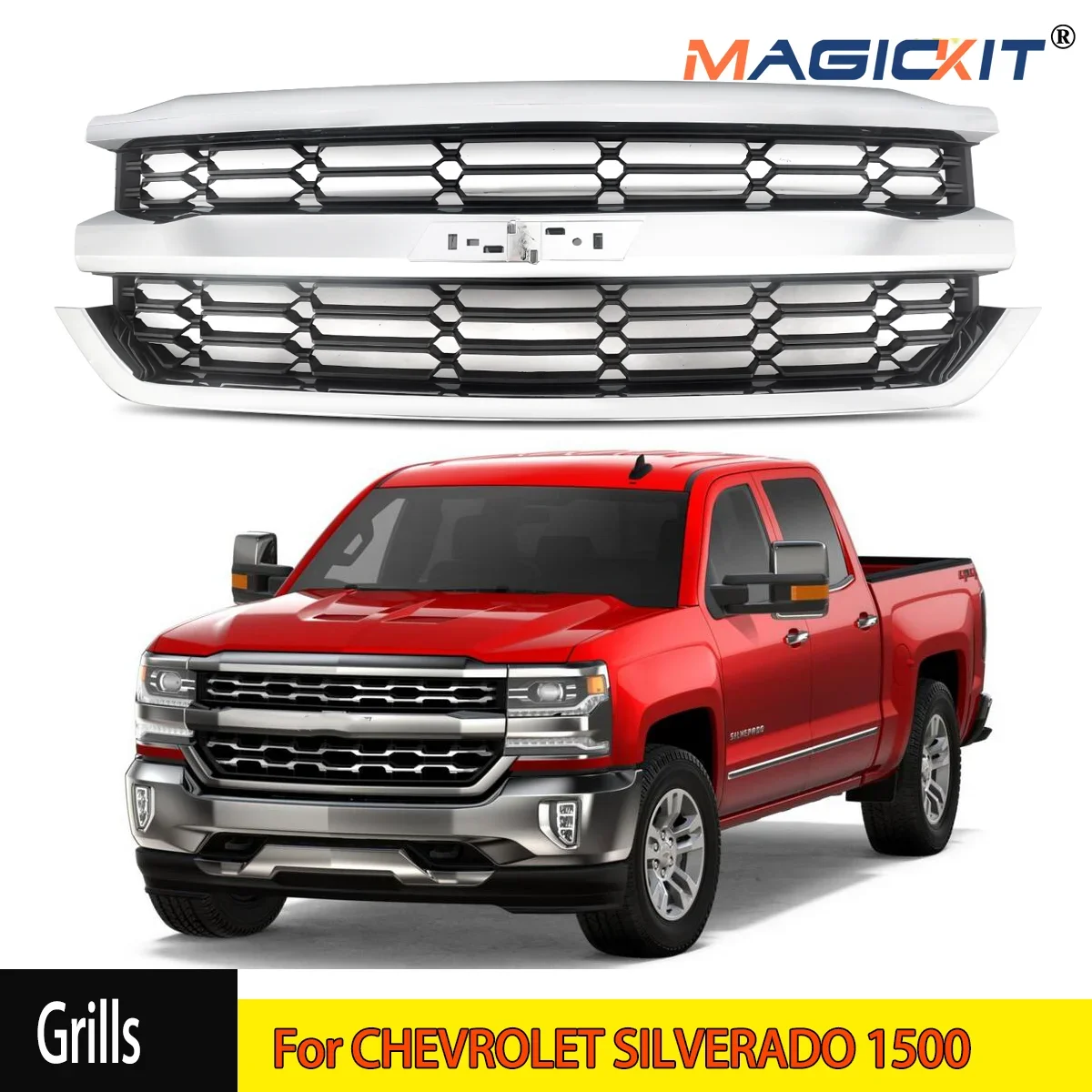 magitkic Bumper Grille Grill For Chevrolet Silverado 1500 Pickup 2016 2017 2018 Chrome+Black Mesh Hood Grill Grille car-styling