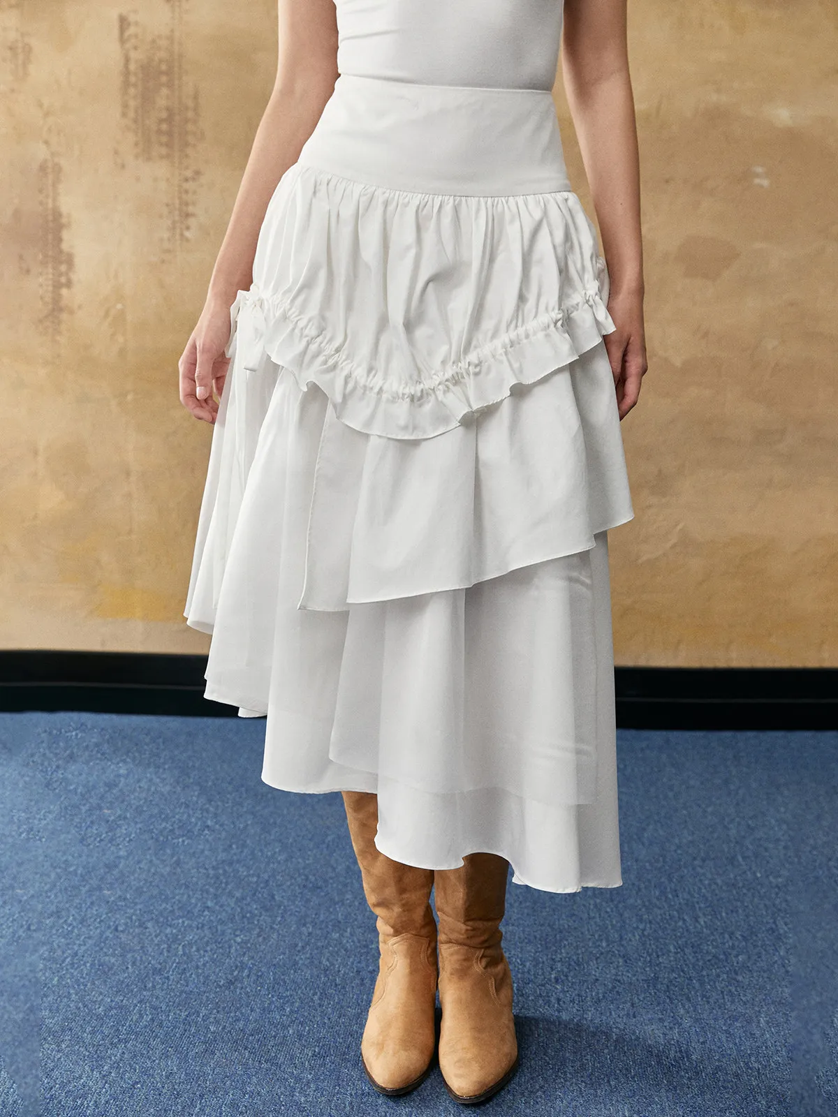Elegant White Irregular Asymmetrical Tiered Midi Skirt High Waist Ruffle Layer Flowy Side Drawstring Y2K Summer Casual A Line