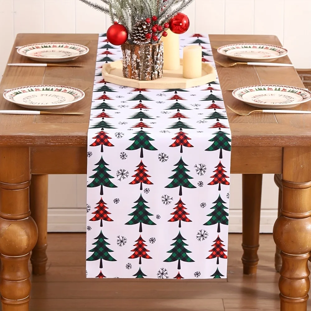 1pc Christmas Table Runner - Festive Red Green White Golden Christmas Tree Snowflake Print Holiday Dining Decor for Home Parties