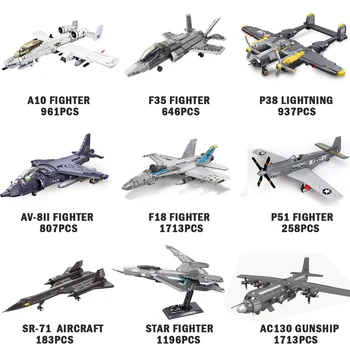 MEOA World Famous Aircraft Jet Building Toys for Boys P38 F35 A10 AC130 Armed Fighter Building Blocks MOC Bricks WW2 Toys