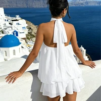 French Style Solid Color Halter Dress Women Sleeveless Off Shoulder Backless A Line Mini Dress Spicy Girl Beach Vacation Dresses - Image 2
