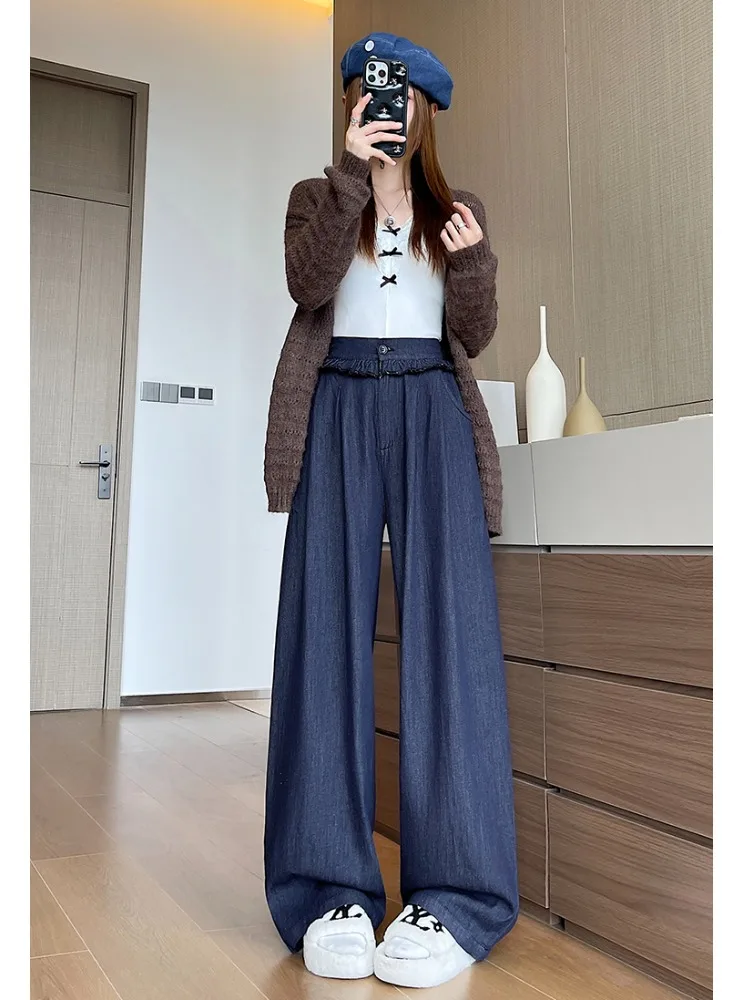 

Синие джинсы с широкими штанинами и высокой эластичностью, женские, больших размеров, с высокой талией, моделирующие фигуру, с дизайнерским акцентом, длинные брюки с эффектом «деревянного уха»