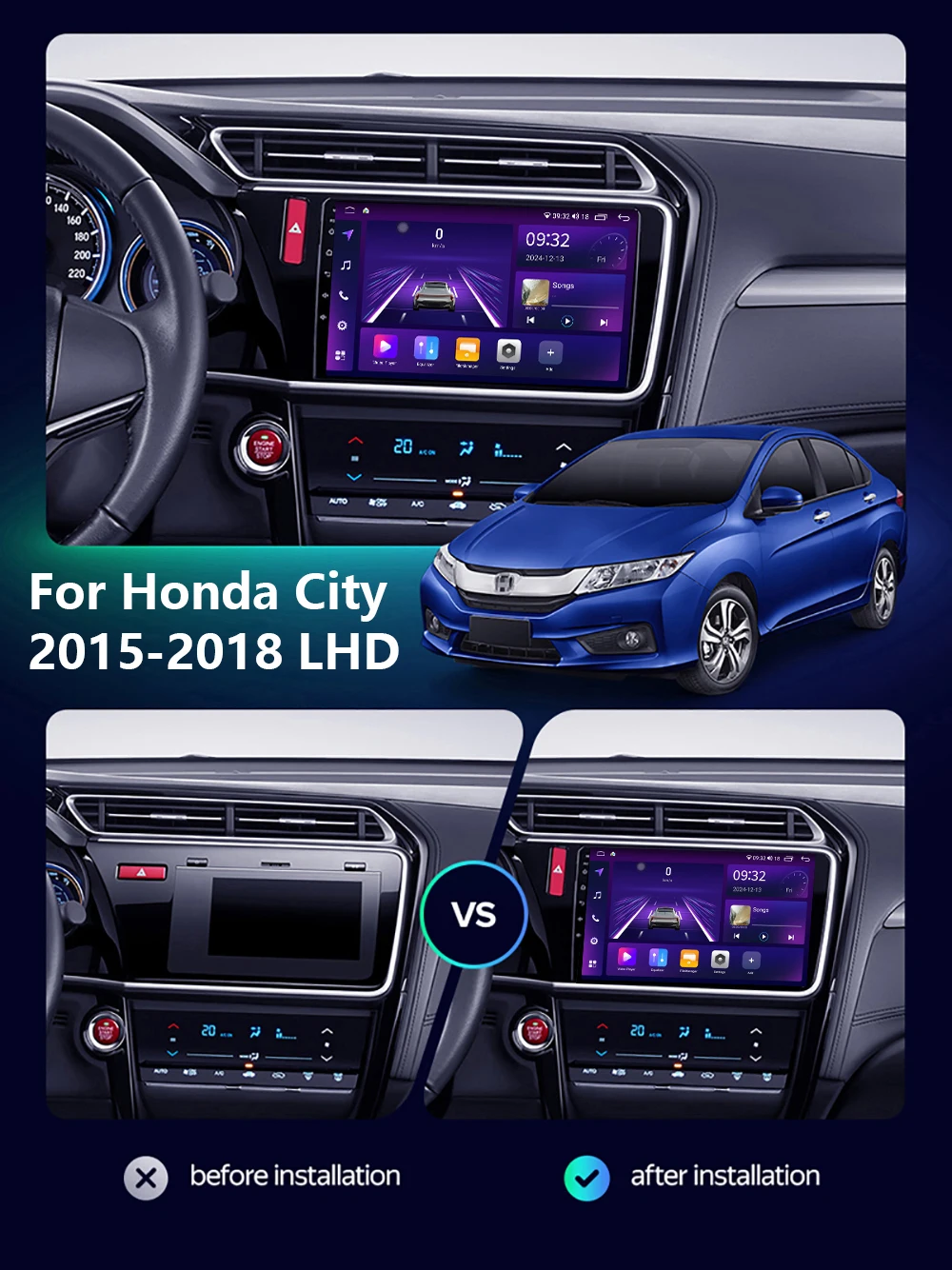 Android Car Radio Multimedia Player For Honda City 2015-2018 LHD GPS Navigation Carplay Auto Stereo Monitor Screen 2din