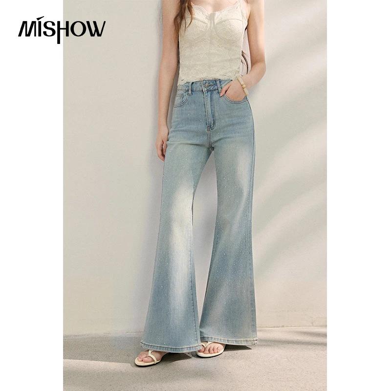 

MISHOW French Vintage Women's Light Blue High Waist Flare Bootcut Jeans Rhinestone Denim Pants for Spring Summer MXF16K1278