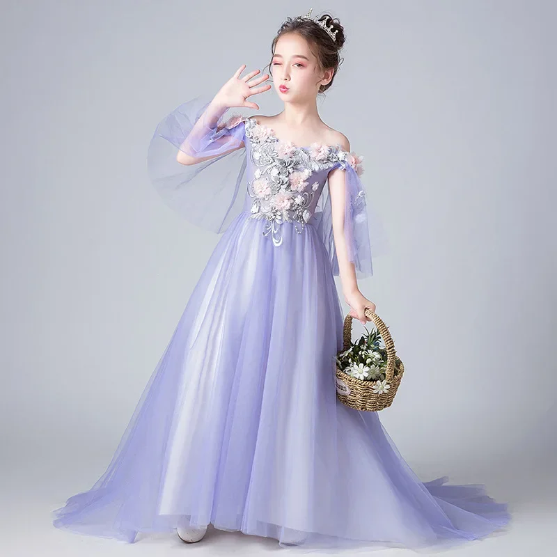 Flower Girls Very Elegant Dress Little Girls Tutu Off Shoulder Beauty Game Long Prom Dresses School Graduation Party Ball Gown