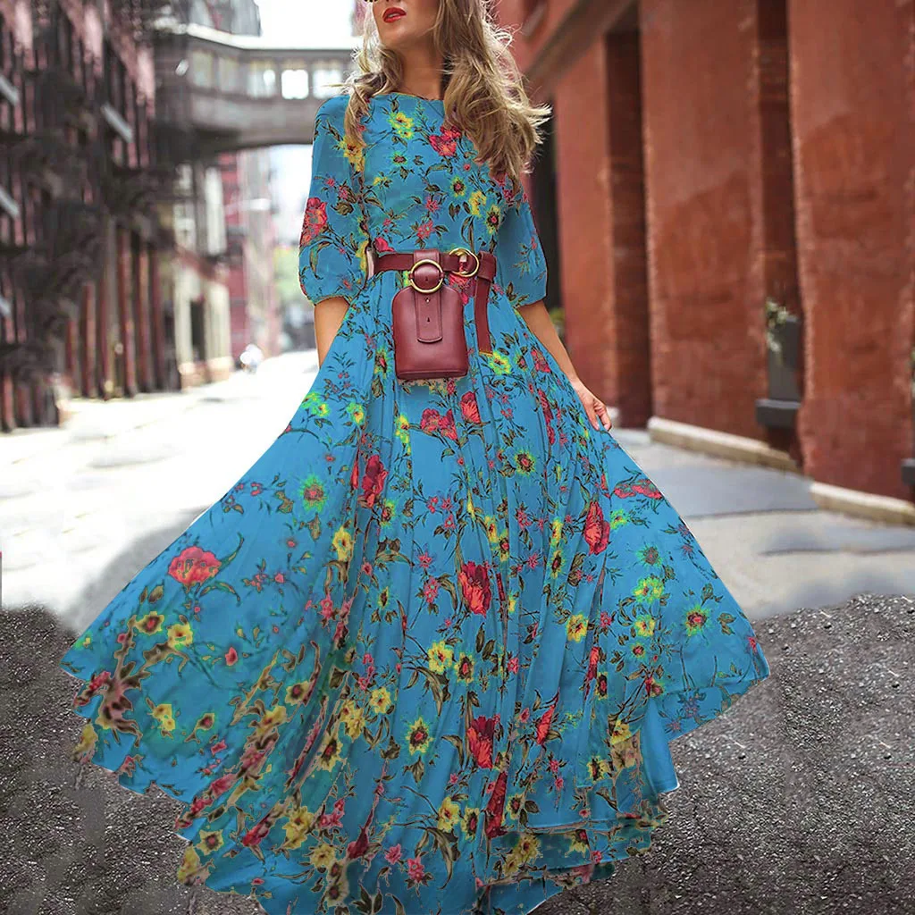 Elegant Sweet Floral Printed Summer Women Dress Big Swing Chiffon Slim Vacation Beach Boho Party Evening Maxi Lady Dress Clothes