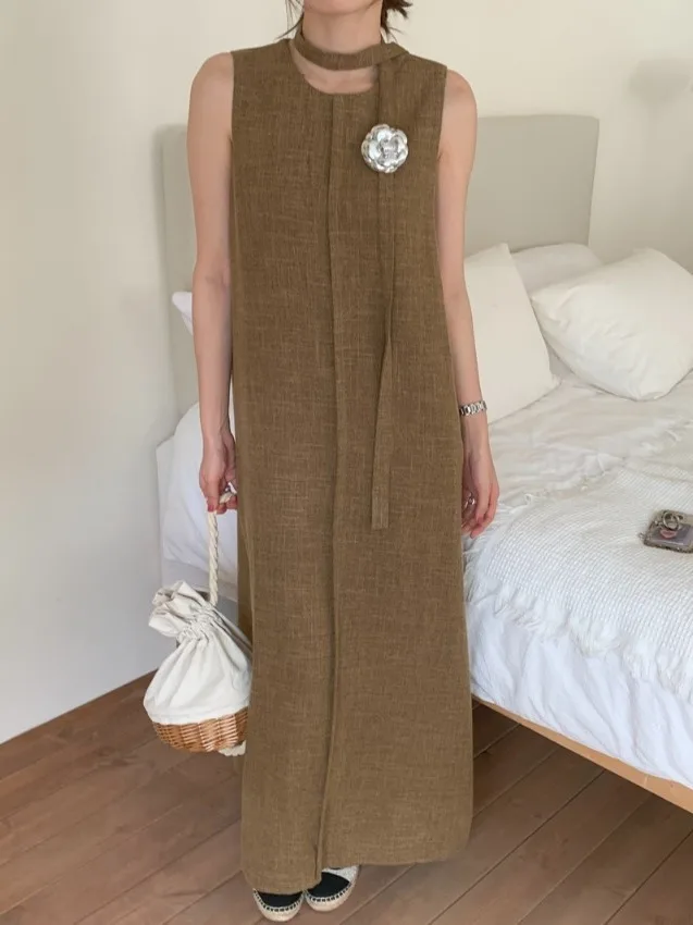 Retro Chic Svel Long Dr z paskiem i rozcięciem Ele Vintage Sle Maxi Vest Dr dla kobiet Sezon letni