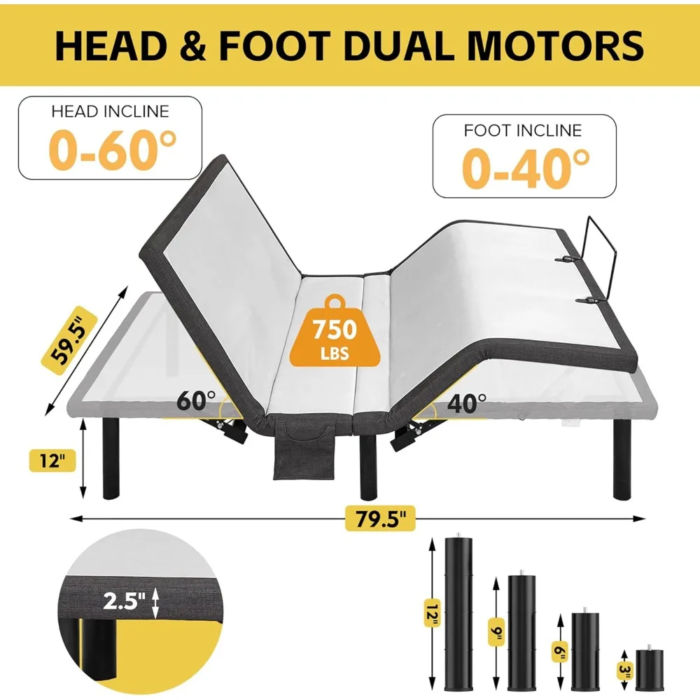 إطار سرير مريح بحجم كوين قابل للتعديل مع انعدام الجاذبية، والتدليك، ومنحدر الرأس والقدم، وجهاز تحكم عن بعد لاسلكي #3