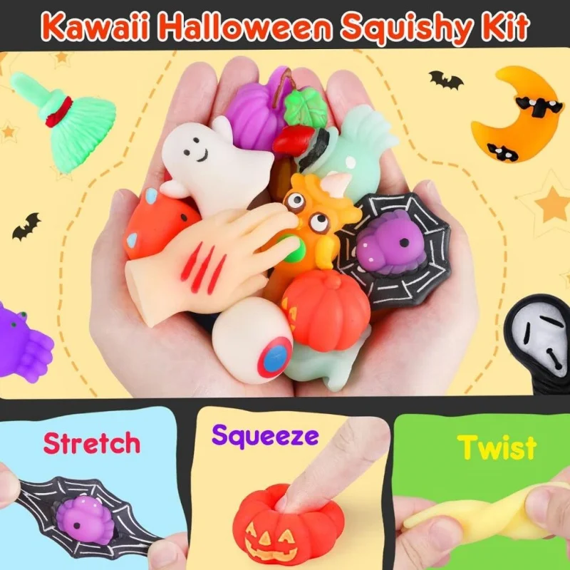 12pcs pumpkin shells 24pcs Mochi Squishy Halloween Toys Party Favors Squeeze Toys Stuffed Favors Gift Bags Stocking Stuffers