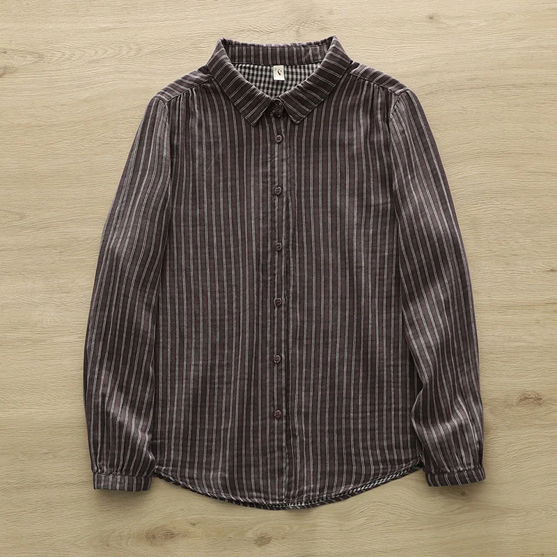 2024 women autumn winter long sleeve lapel striped shirts and blouses casual large size tops Japanese vintage clothing