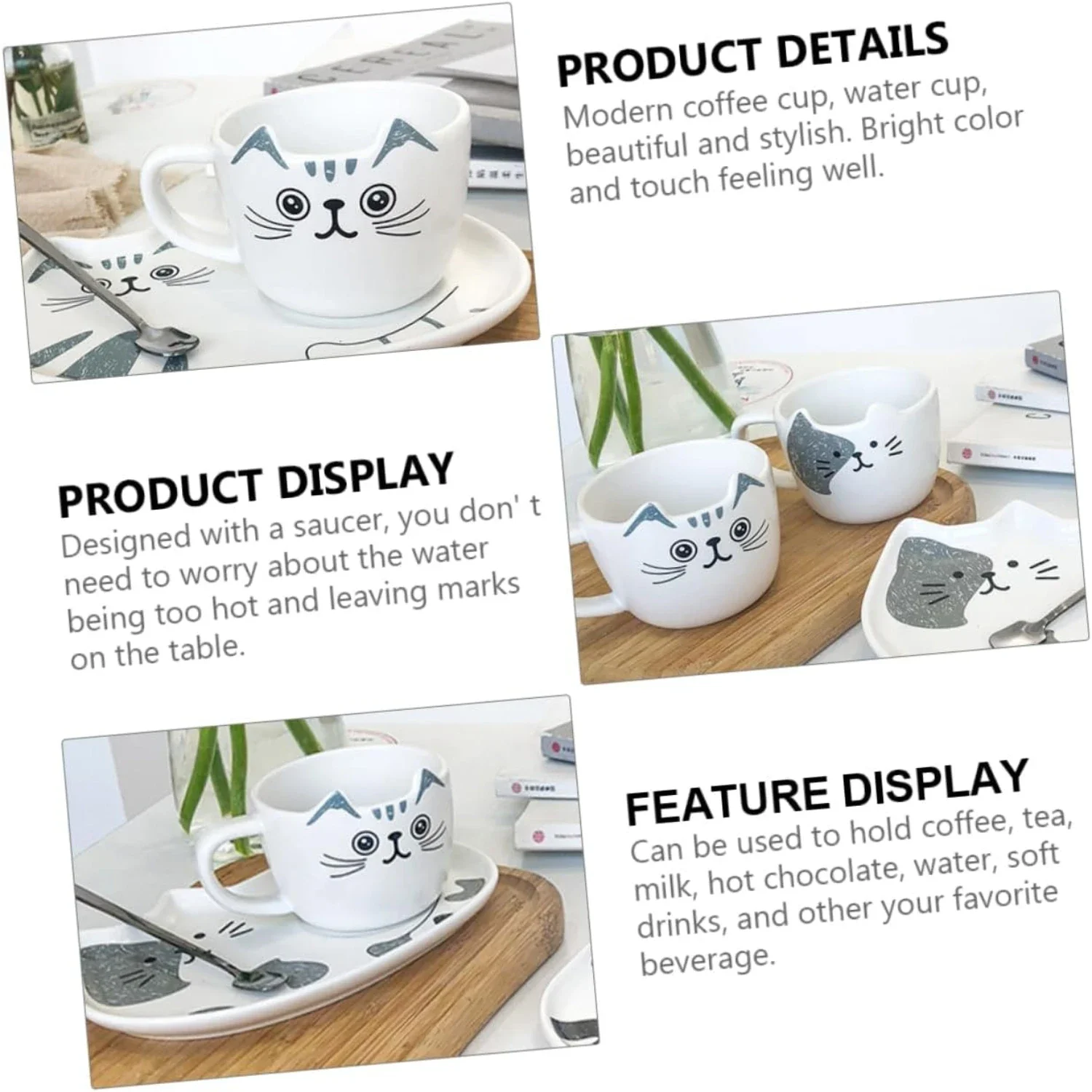 1 conjunto de canecas inovadoras de gato de cerâmica tamanho infantil - conjunto adorável e fofo de xícara de chá e pires para o escritório - Delicioso Dri