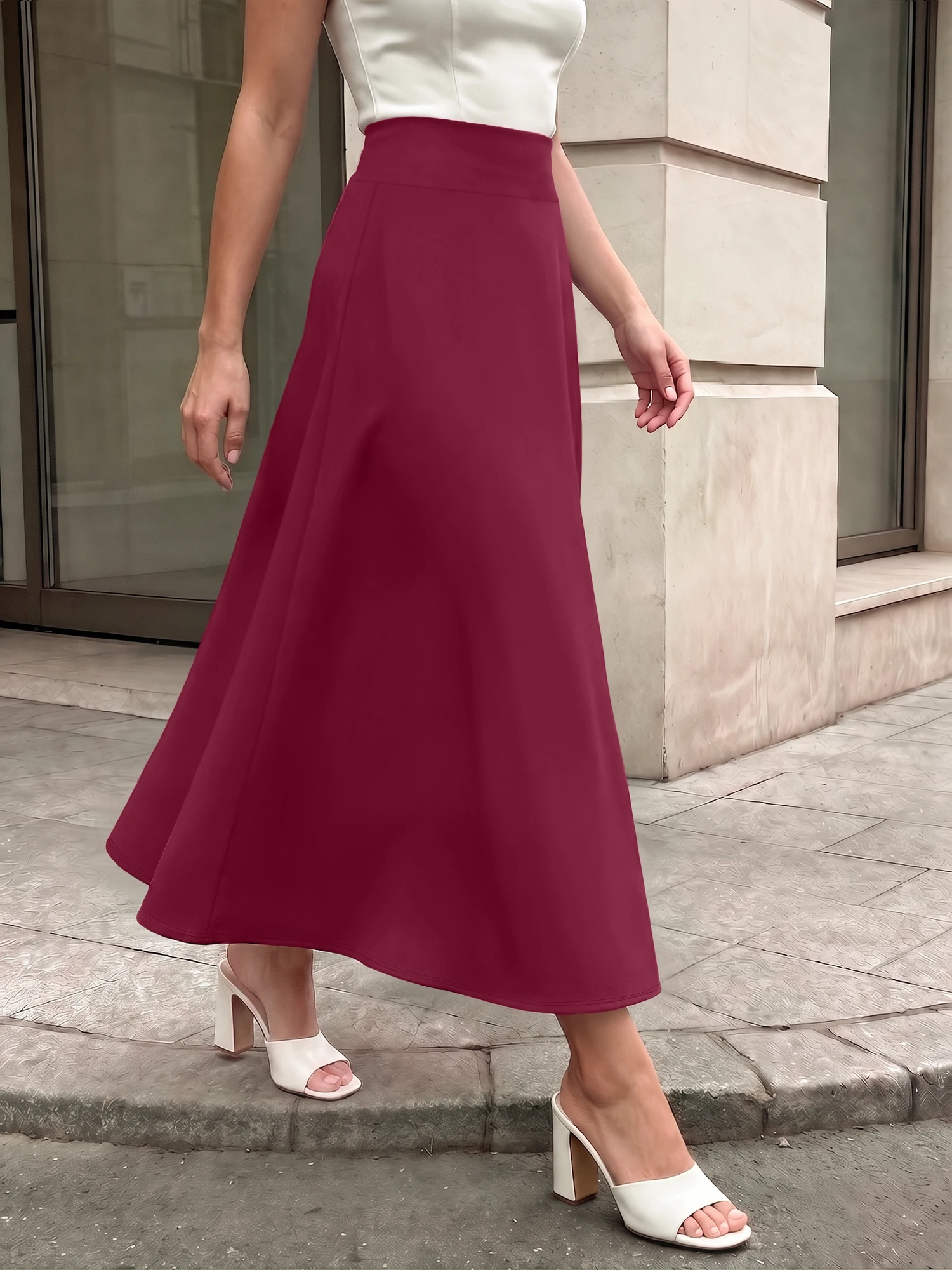 Graceful Flared Midi Skirt, Luxurious Drape Texture, Afternoon Coffee Date & Weekend Brunch Outfit