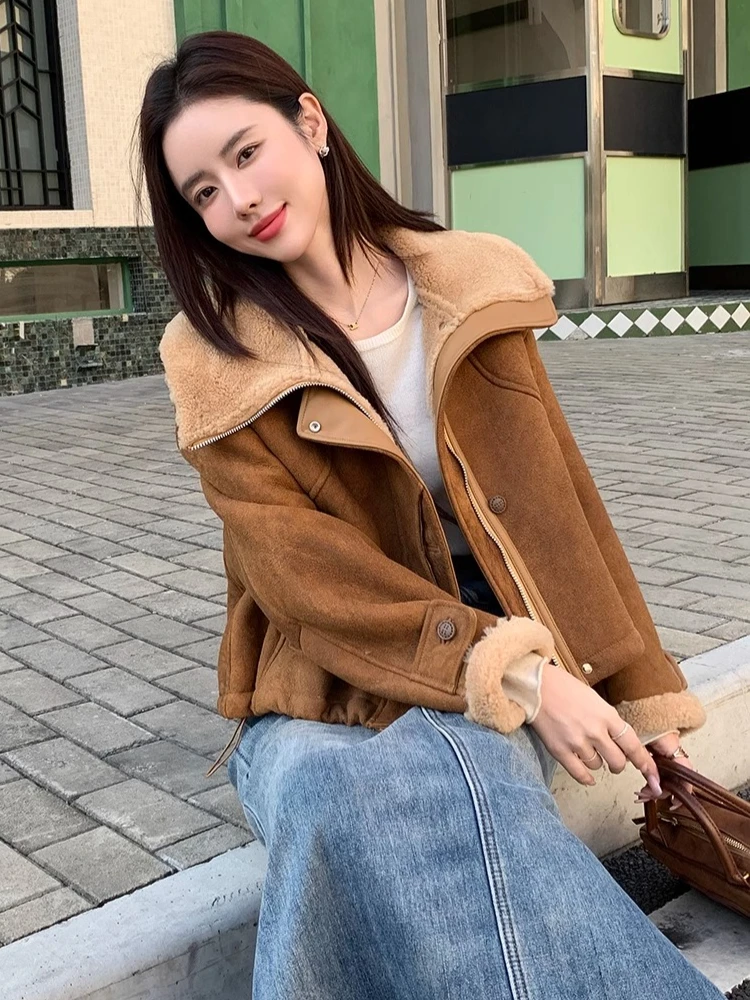 High-end Luxury Merino Sheep Fur Winter Suede Coats for Women Vintage Simple Short Real Fur Genuine Leather Motorcycle Jackets