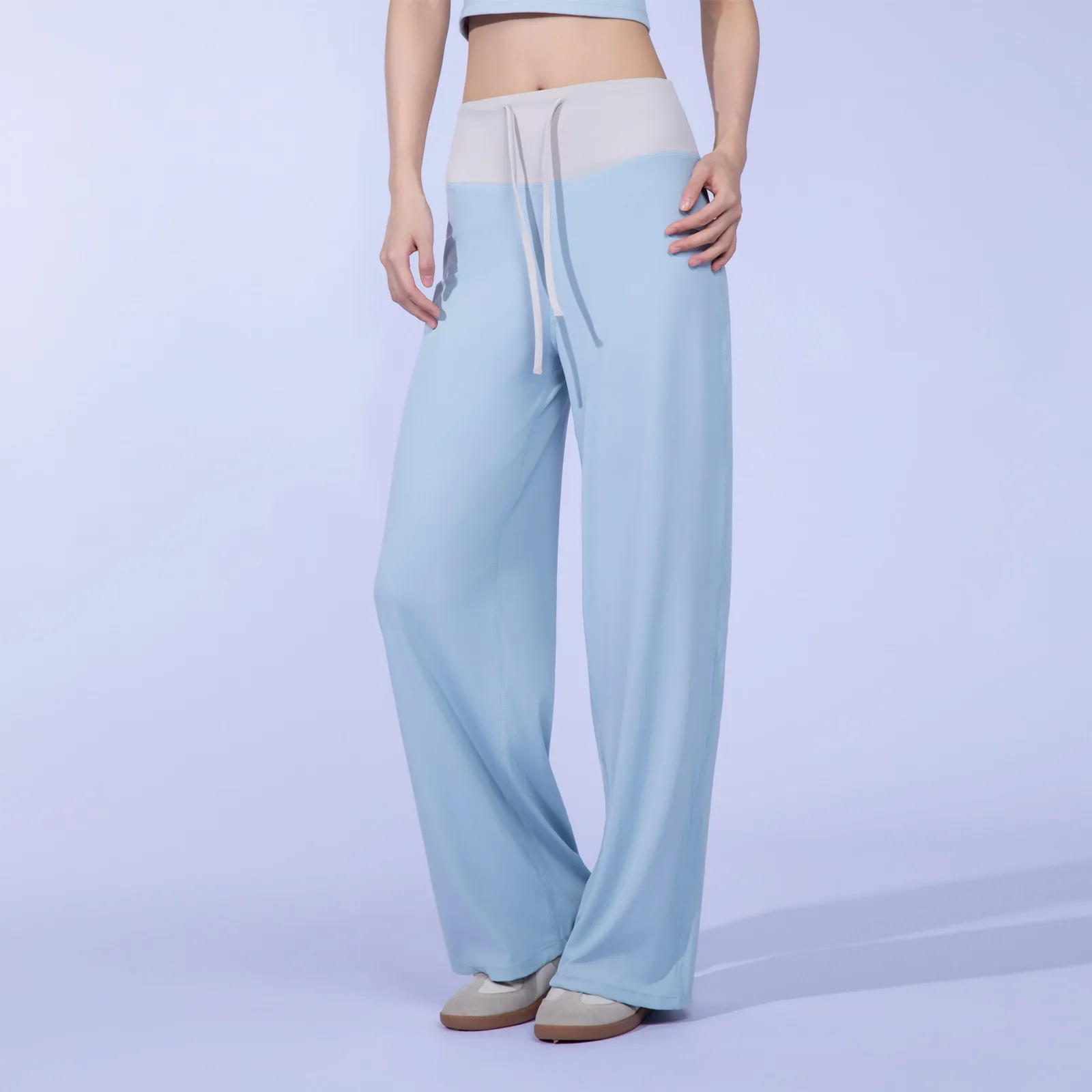 High-Waisted Color-Block Straight-Leg Sports Pants for Women, Loose Fit with Drawstring, Slimming Wide-Leg Yoga Pants, Casual Br