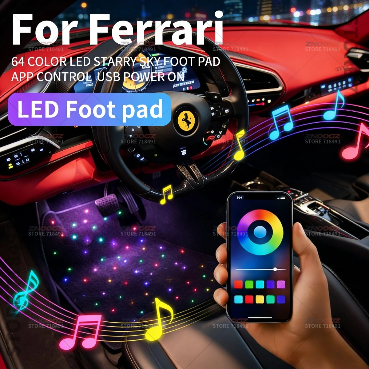 For Ferrari Portofino M Roma 296 GTB 296 GTS F8 Tributo F8 Spider SF90 Spider 812 USB Car LED Starry Sky Foot Mat DIY Can Be Cut