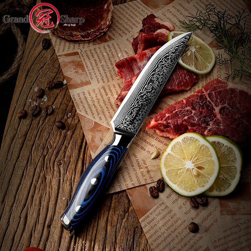 Damascus Steak Knife Chef Kitchen Tools VG10 Japanese Stainless Steel Utility Tomato Gadgets Blue G10 Handle Slicing Cutlery