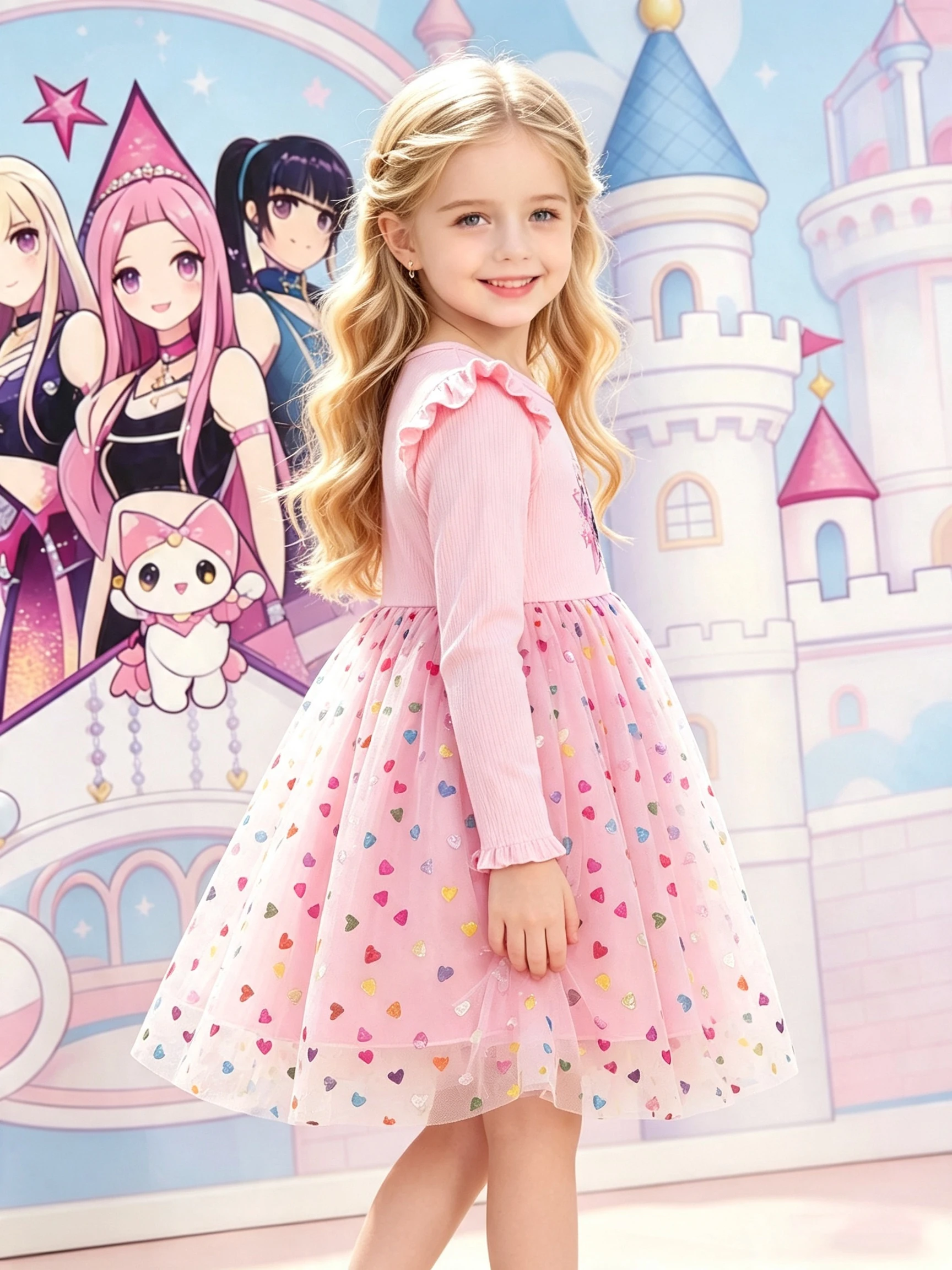 Mädchen Cartoon-Print Langarm Tüll Prinzessinnenkleid, Rosa Flügelärmel Bunter Herz-Puffrock Kinder Frühling Herbst Kleid – Detail 3