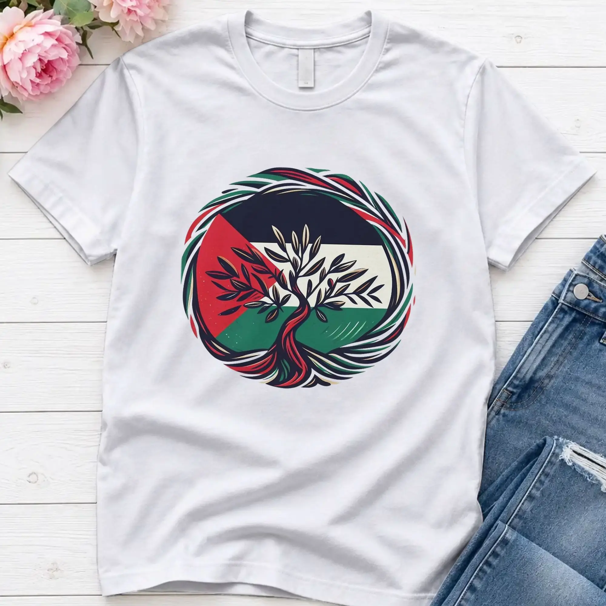 Palestine Flag & Olive Tree T Shirt Summer  Pure Cotton T-Shirts For Men Fashion Casual Tee Shirt Short Sleeve Retro Top Tees