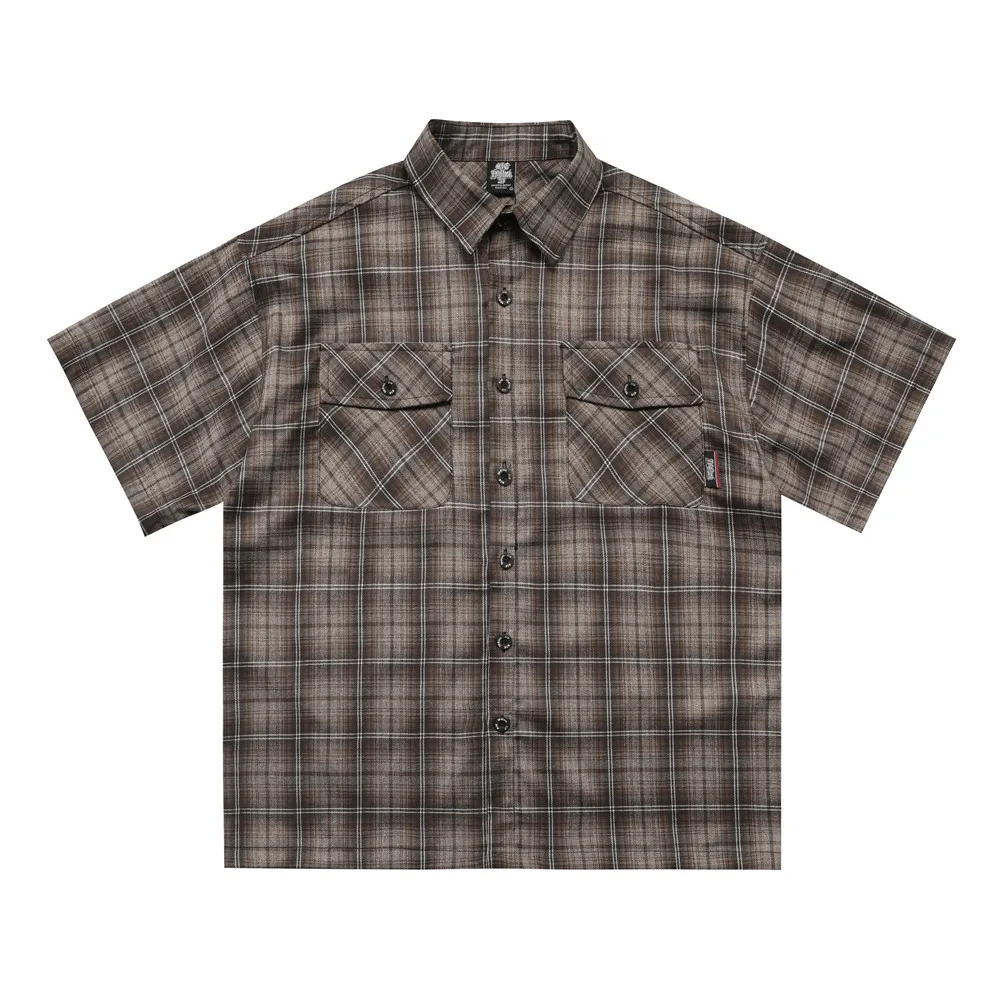 New American Embroidered Checkered Short Sleeved Shirt for Summer Men, Retro Workwear, Checkered Lapel Shirt, Loose Fit Soft