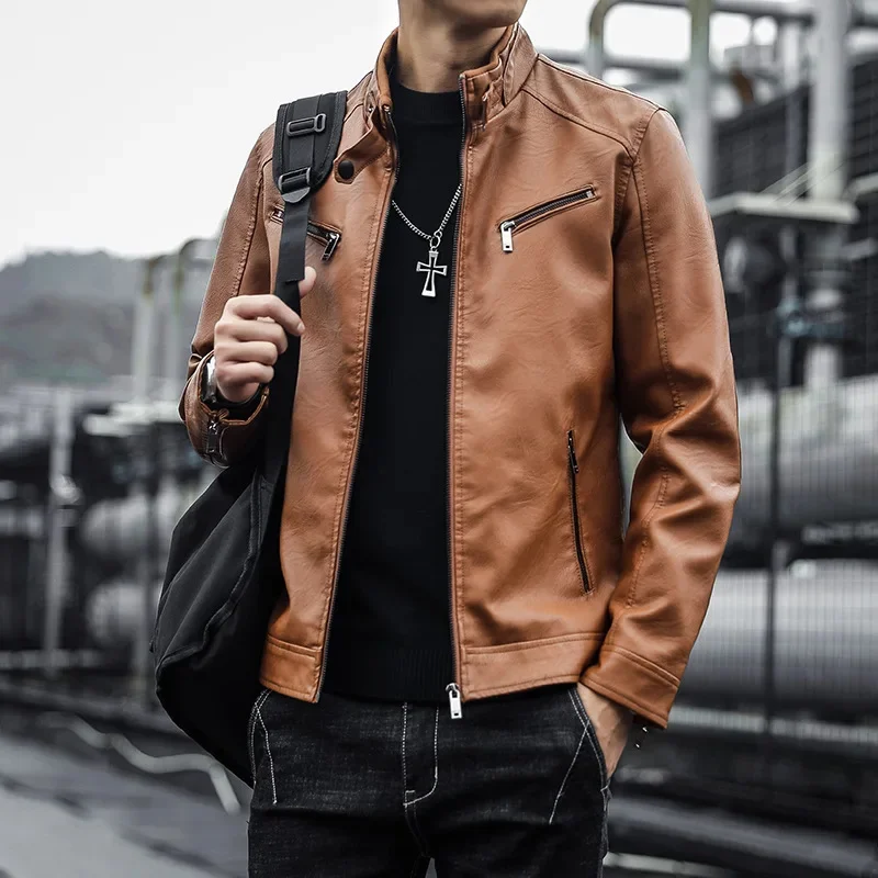 2024 Male Brown Black PU Leather Men Zipper Casual Motorcycle Jacket Mens Street Fashion Biker Slim Coat Clothing