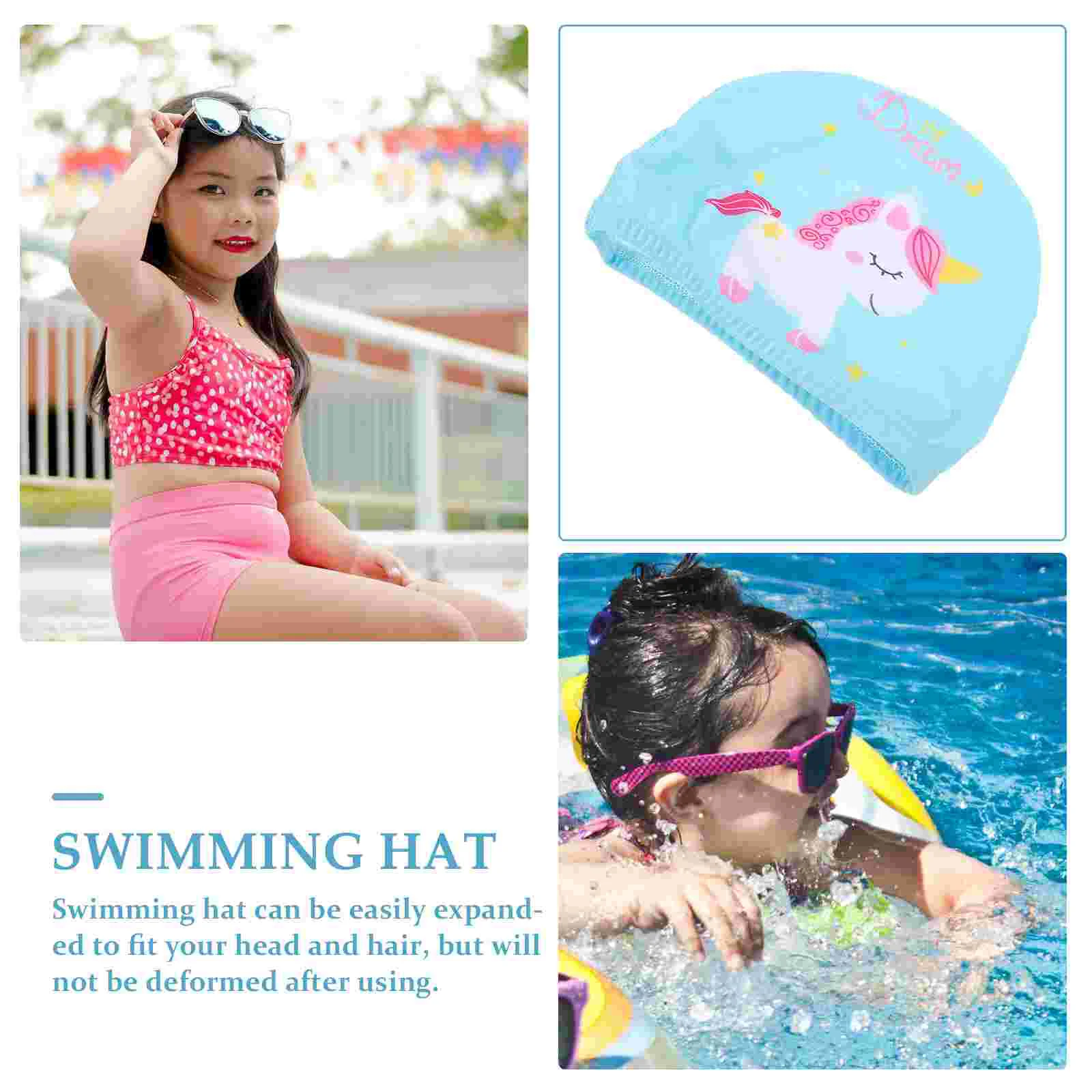 Children's Swimming Cap Holiday Hat Caps for Kids Cartoon Pattern Lightweight Flexible Bathing Toddler Nylon Blue