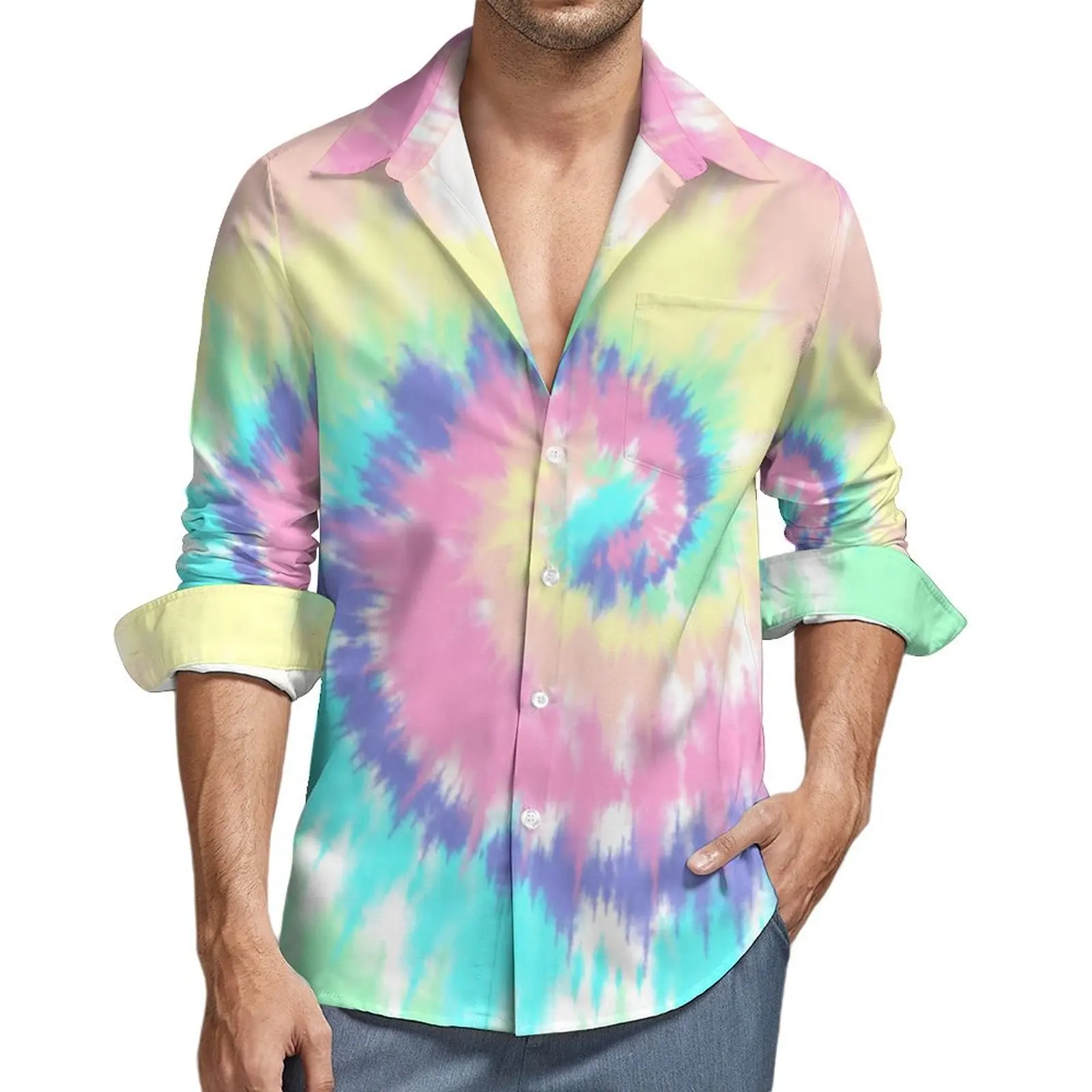 Men's Shirt Tie Dye Print Casual Shirts Long Sleeve Pastel Rainbow Harajuku Blouse Autumn Trendy Printed Oversized Clothes