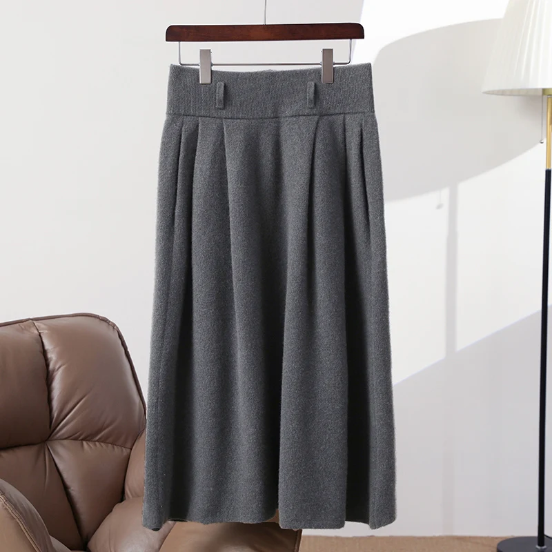 New Chic 100% Merino Wool Women's Mid-long Skirts Spring Autumn Winter Cashmere Knitwear Office Lady Grace Split Skirts