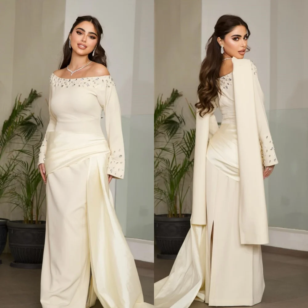 Customized Jersey Rhinestone Pleat Off-the-shoulder Straight Long Dresses Bespoke Occasion Classic Exquisite Evening Gown