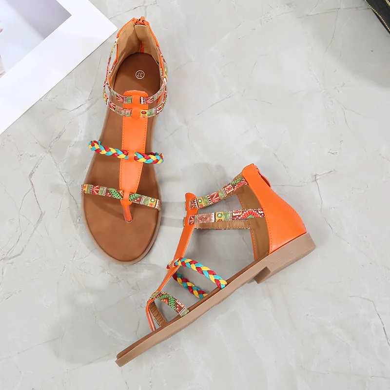 Sandals Women 2023 Flat Sandalias Bohemian Style Color Soft Leather Splicing Shoes for Women Back Zipper Design Summer Sandals