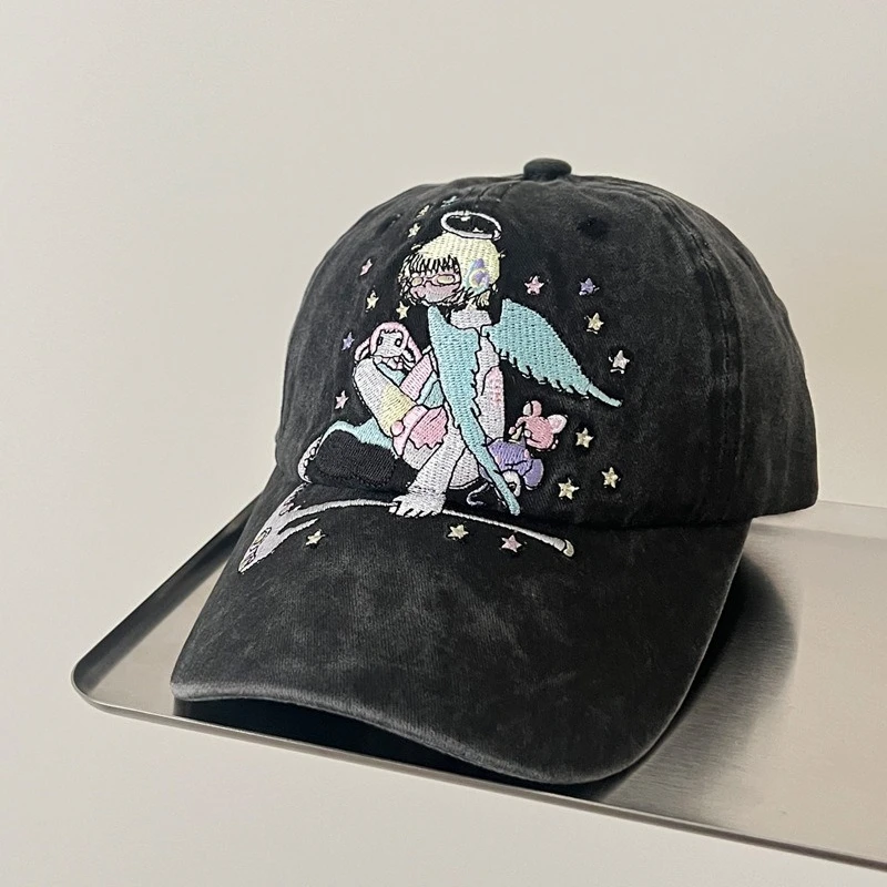 Cartoon Angel Girl Print Vintage Baseball Cap Unisex Adjustable Curved Streetwear Dad Hat Harajuku Casual Outdoor Sun Hat Gorra