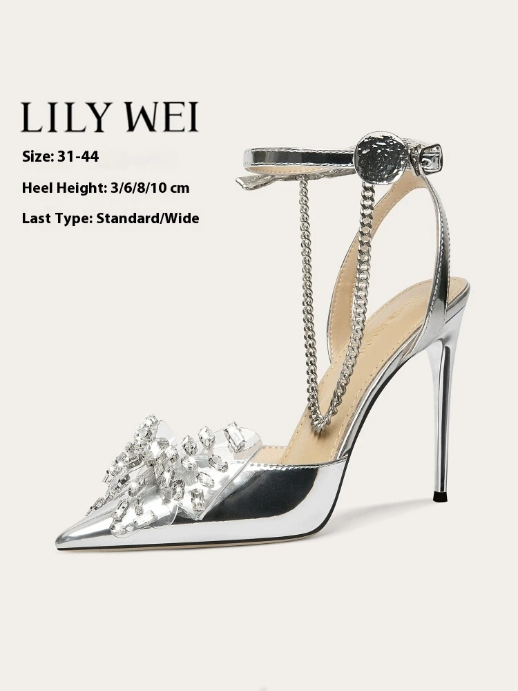 

Summer new silver patent leather Rhine bow chain sandals pointed toe thin high-heeled banquet dress large small women's shoes