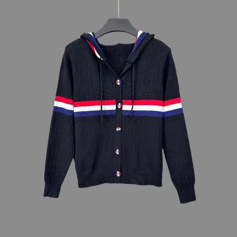 Autumn/Winter Korean Style Hooded Knitted Cardigan Women's Long Sleeve Striped Color Block Fashionable Versatile White Screw Thr