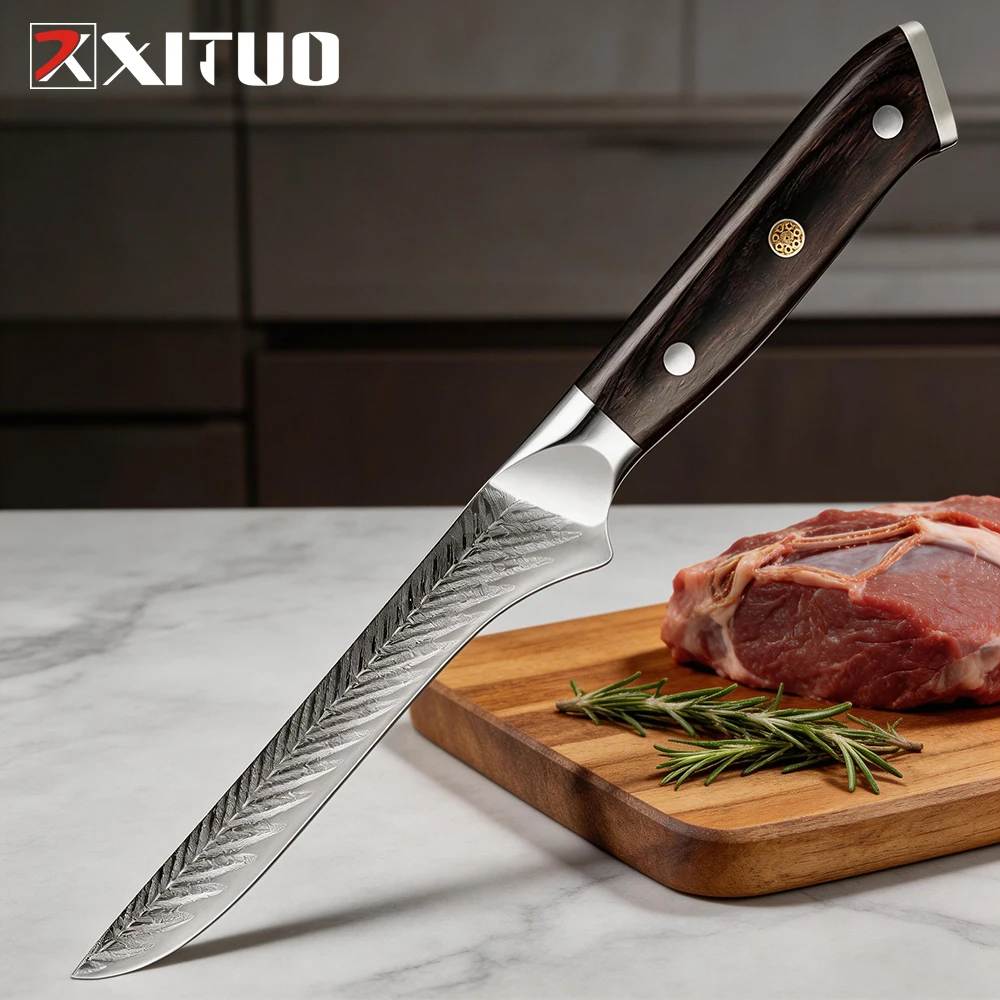 

XITUO 5.5 Inch Boning Knife & Fillet Knife, German Stainless Steel with Laser Pattern Blade, Full Tang Wood Handle Kitchen Knife