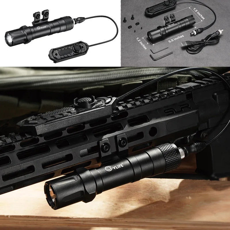

High Lumen Rechargeable Tactical Flashlight Compatible with M-Rail Strobe Momentary with Pressure Remote Switch