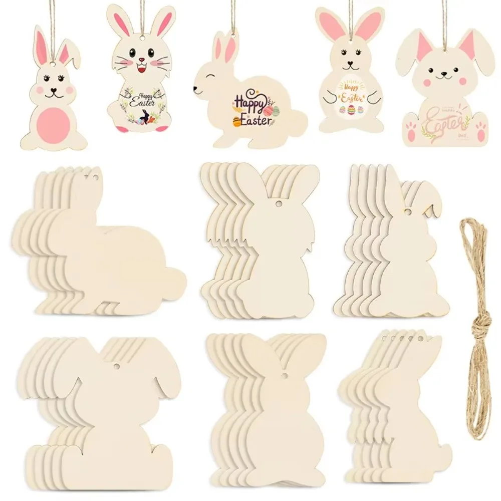 12Pcs Easter Eggs Easter Wooden Bunny Pendants DIY Painting Crafts Wooden Unfinished Wooden Slices Handmade with Rope